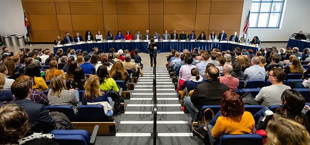 Board of Trustees receiving public comments during the meeting